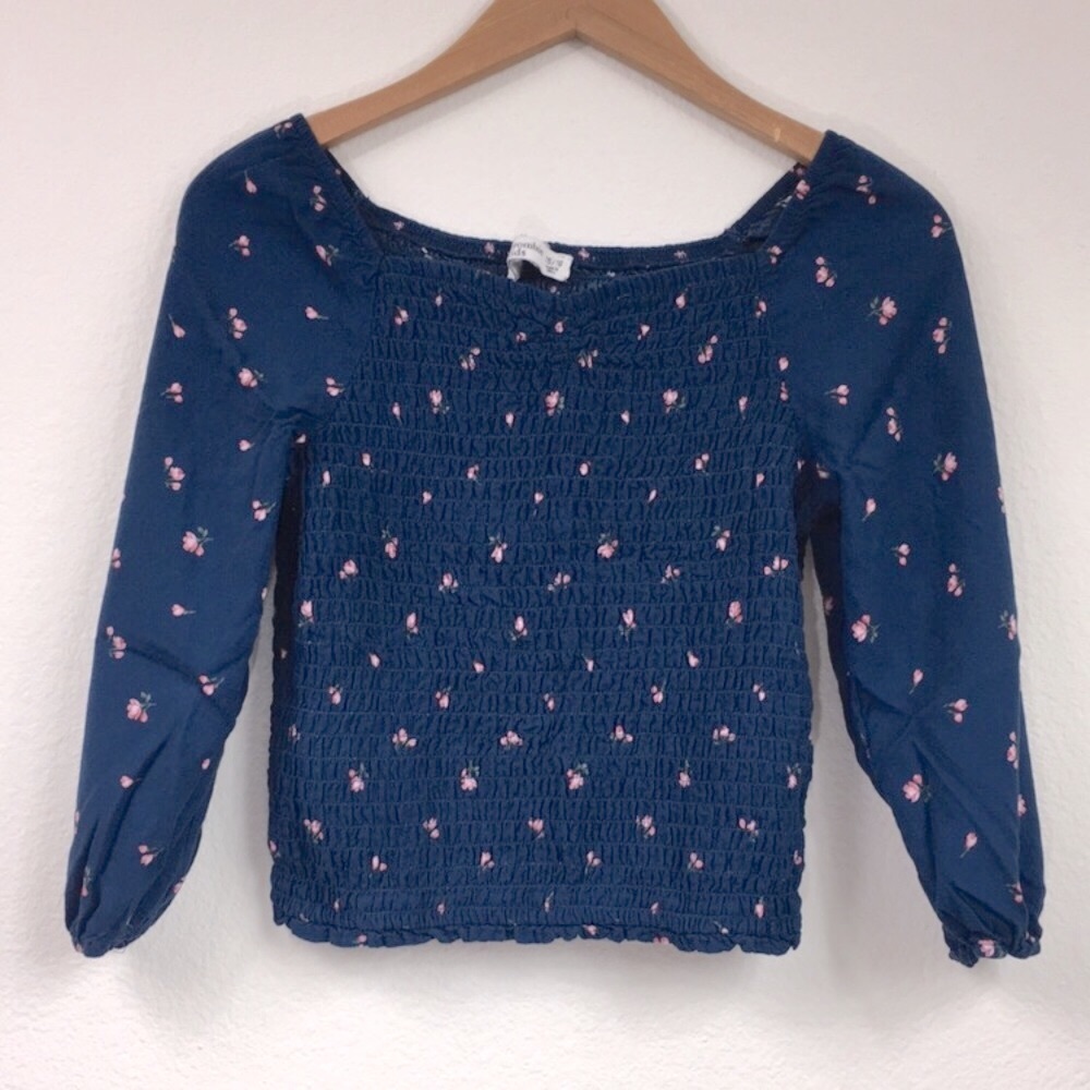 Abercrombie Kids Teal Blue Floral Smock Blouse Top Size 15/16 Cottagecore Casual